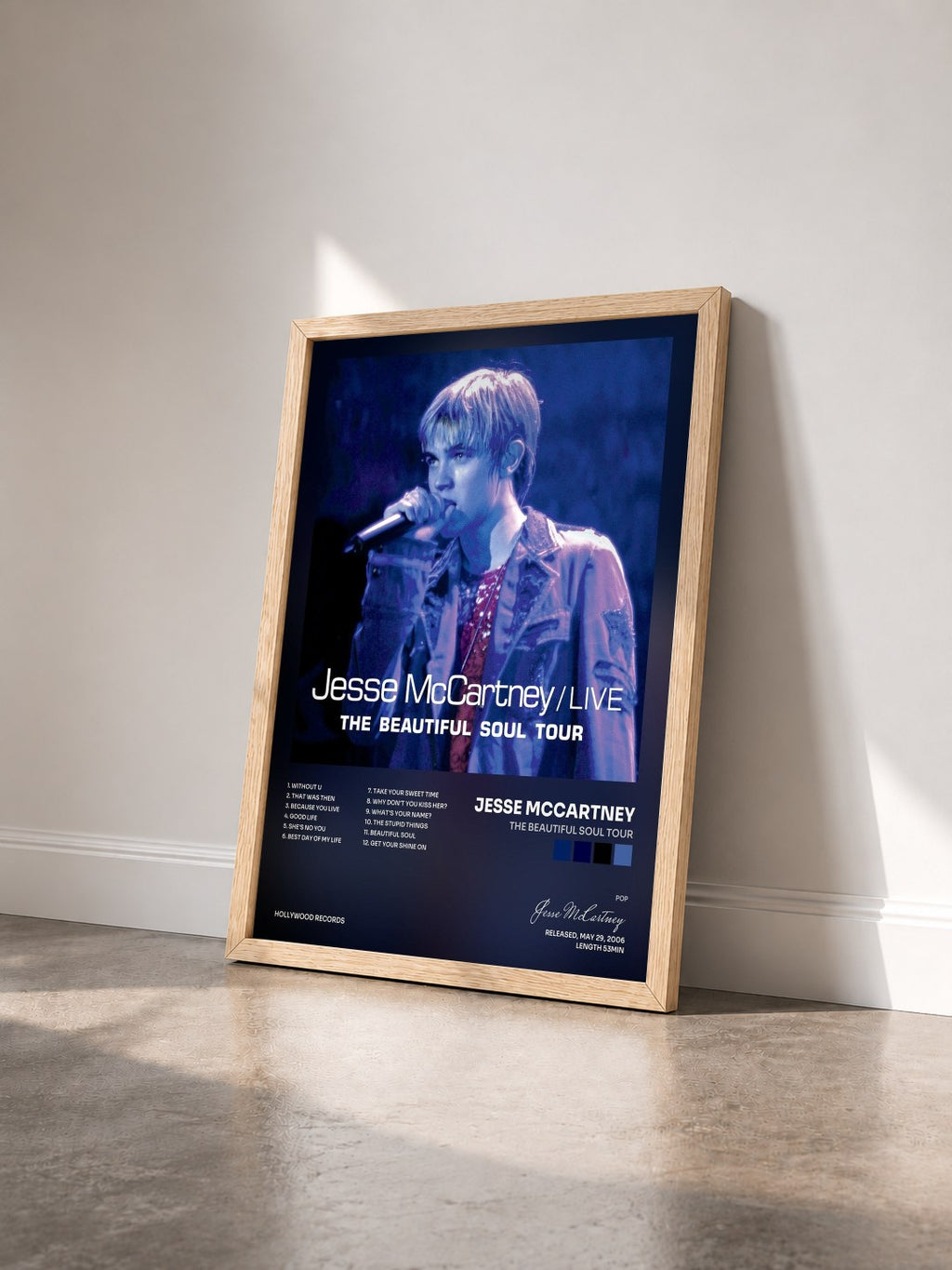 #bois Tableau de l'album The Beautiful Soul Tour de Jesse McCartney vu de trois quarts, cadre en bois brut