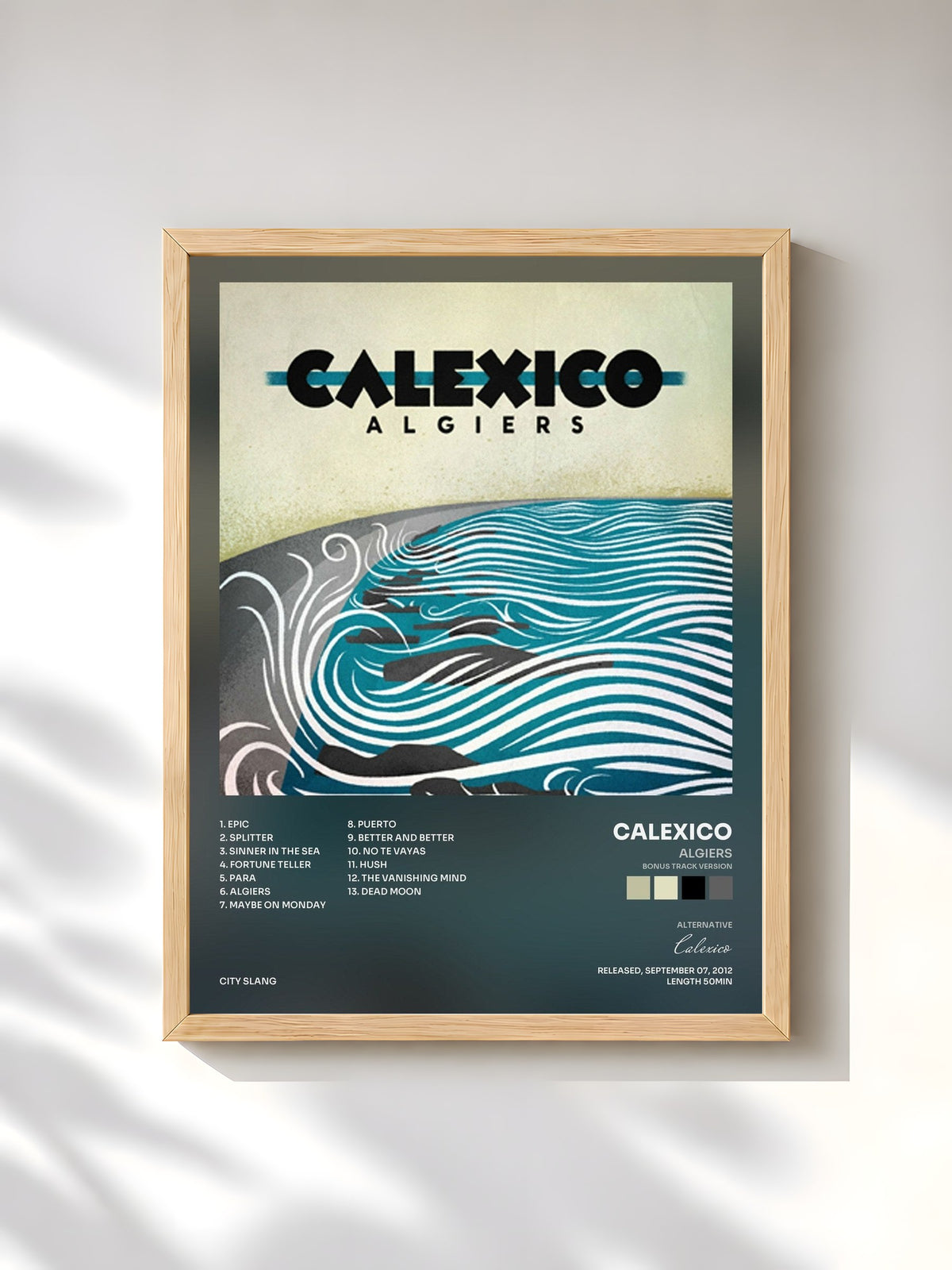 #bois Tableau de l'album Algiers (Bonus Track Version) de Calexico, cadre en bois brut, imprimé et encadré en France