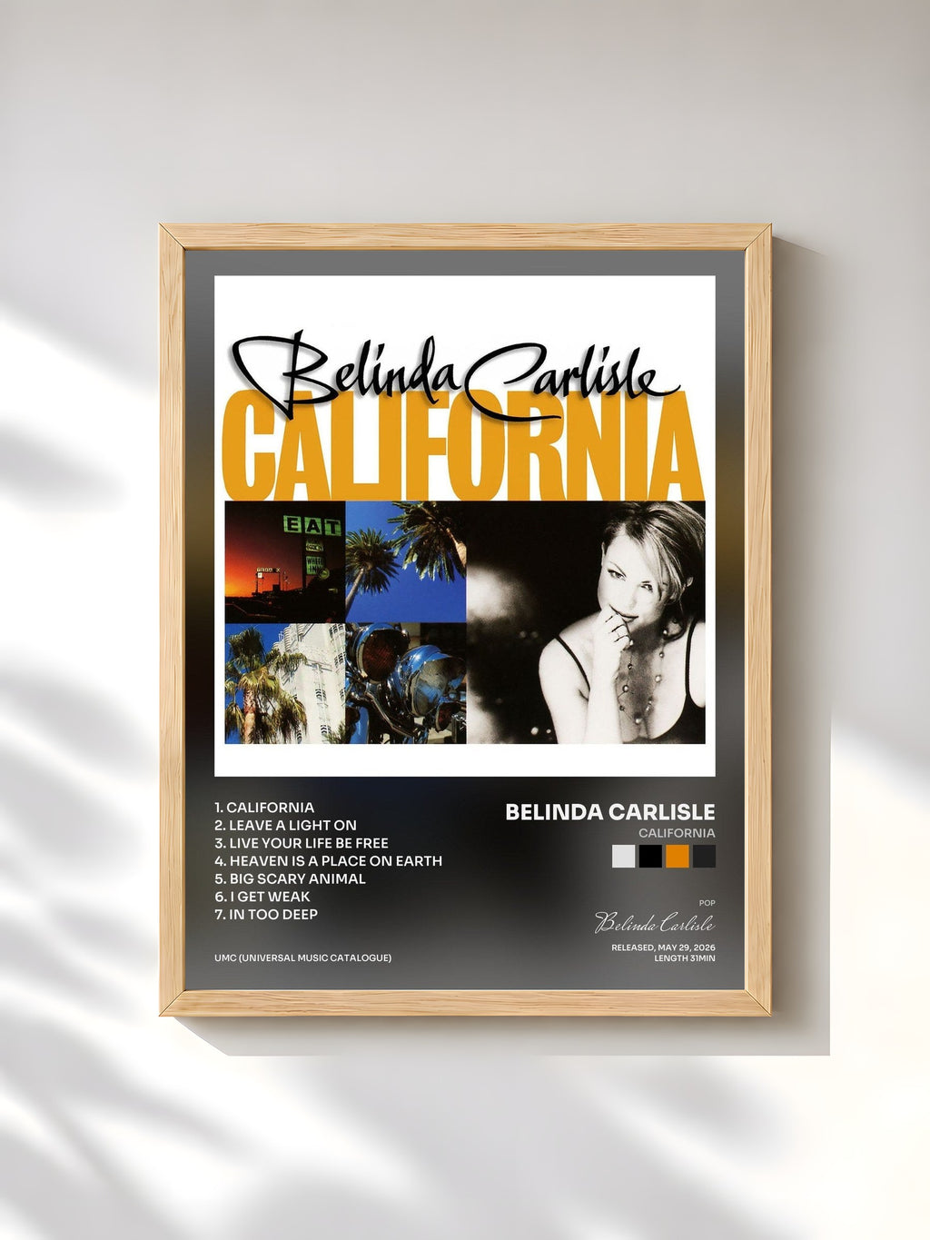 #bois Tableau de l'album California de Belinda Carlisle, cadre en bois brut, imprimé et encadré en France