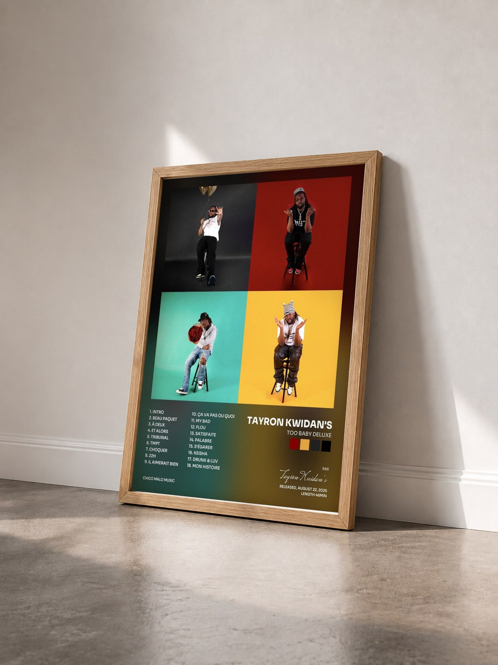 #bois Tableau de l'album TOO BABY DELUXE de Tayron Kwidan's vu de trois quarts, cadre en bois brut