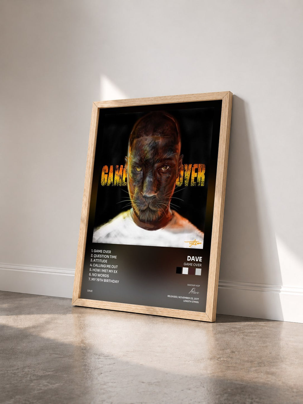 #bois Tableau de l'album Game Over de Dave vu de trois quarts, cadre en bois brut