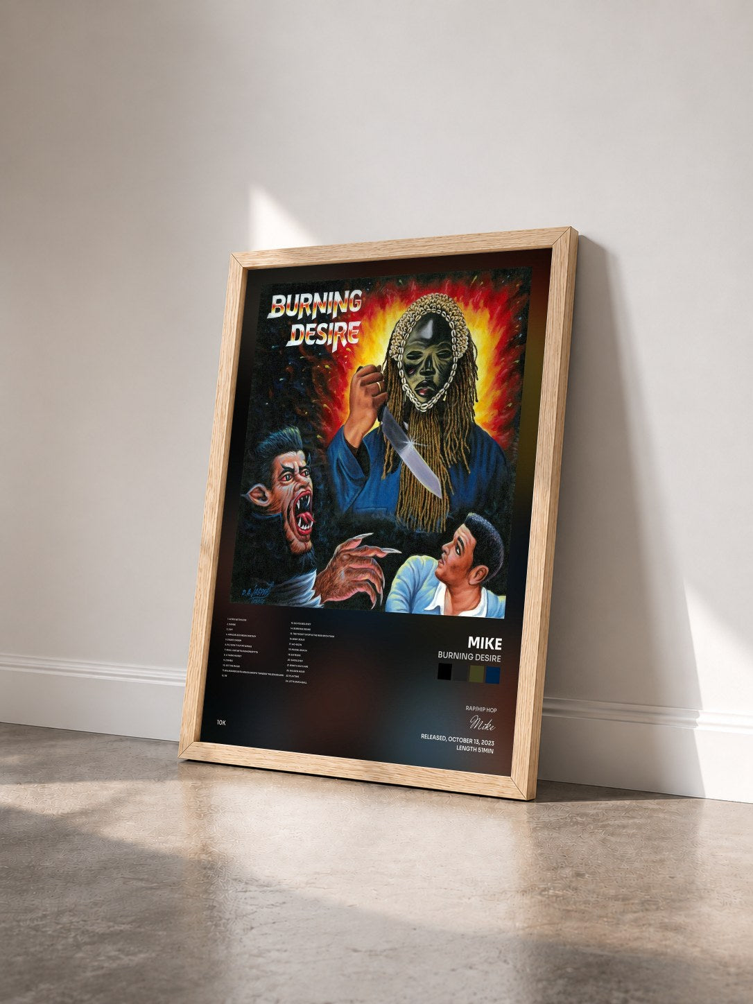 #bois Tableau de l'album Burning Desire de Mike vu de trois quarts, cadre en bois brut