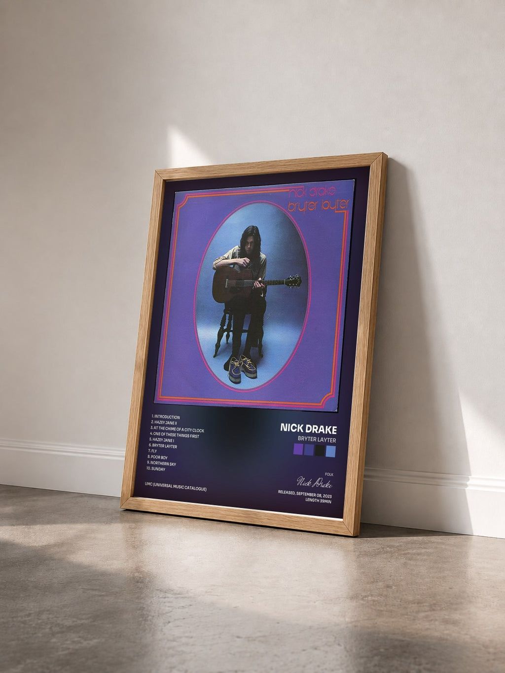 #bois Tableau de l'album Bryter Layter de Nick Drake vu de trois quarts, cadre en bois brut