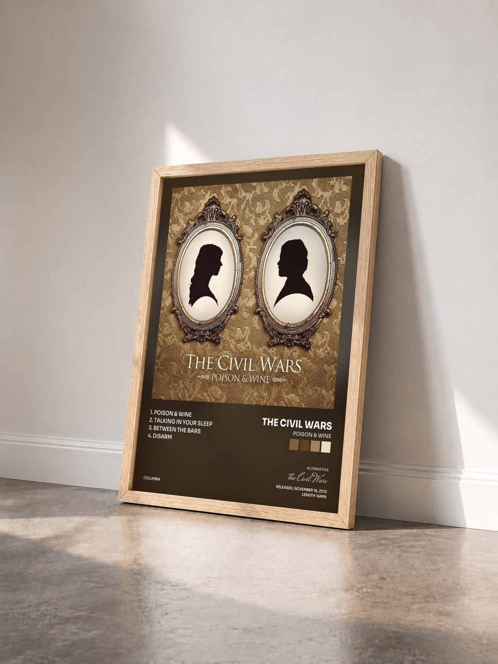 #bois Tableau de l'album Poison & Wine de the Civil Wars vu de trois quarts, cadre en bois brut