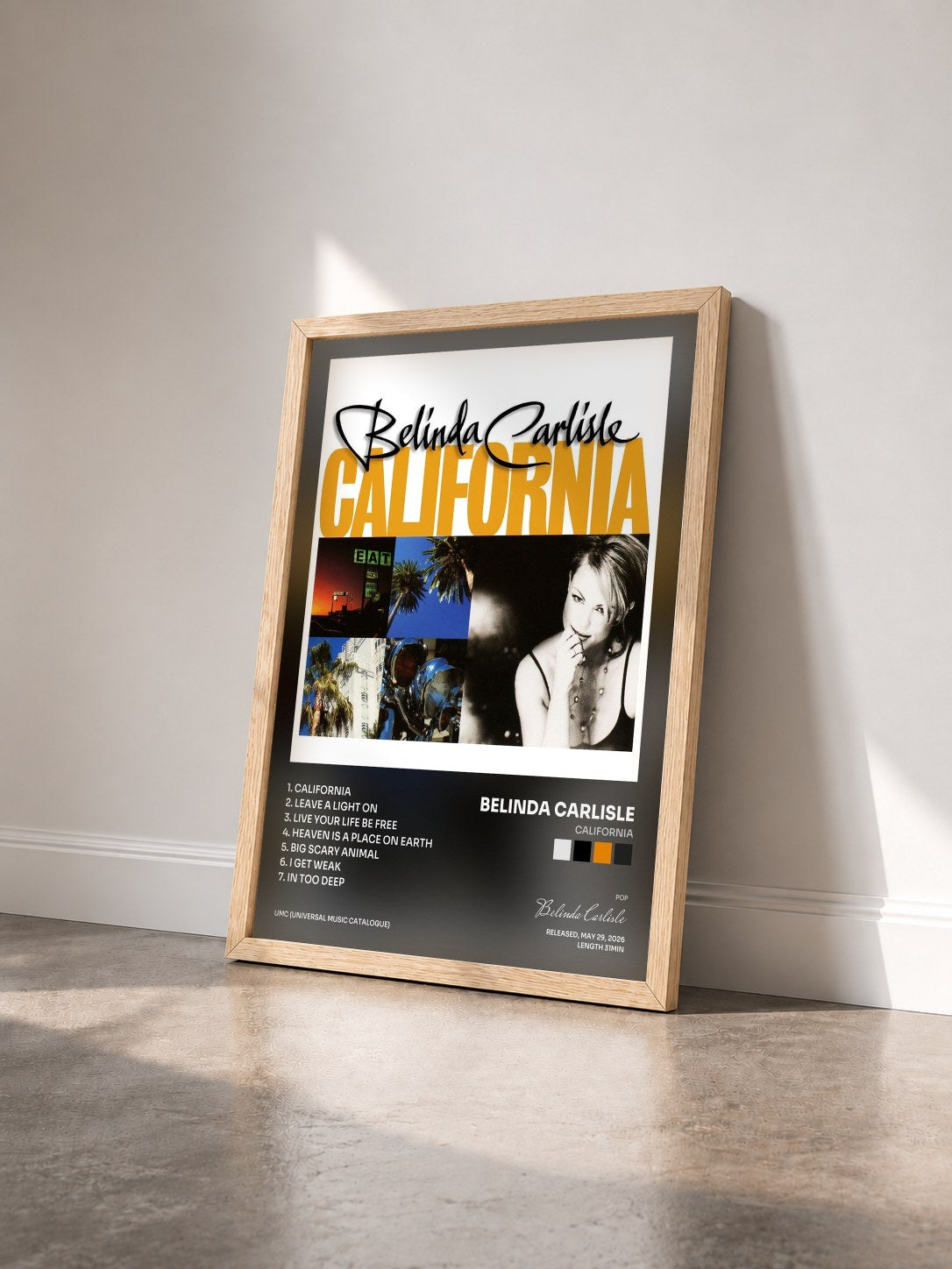 #bois Tableau de l'album California de Belinda Carlisle vu de trois quarts, cadre en bois brut