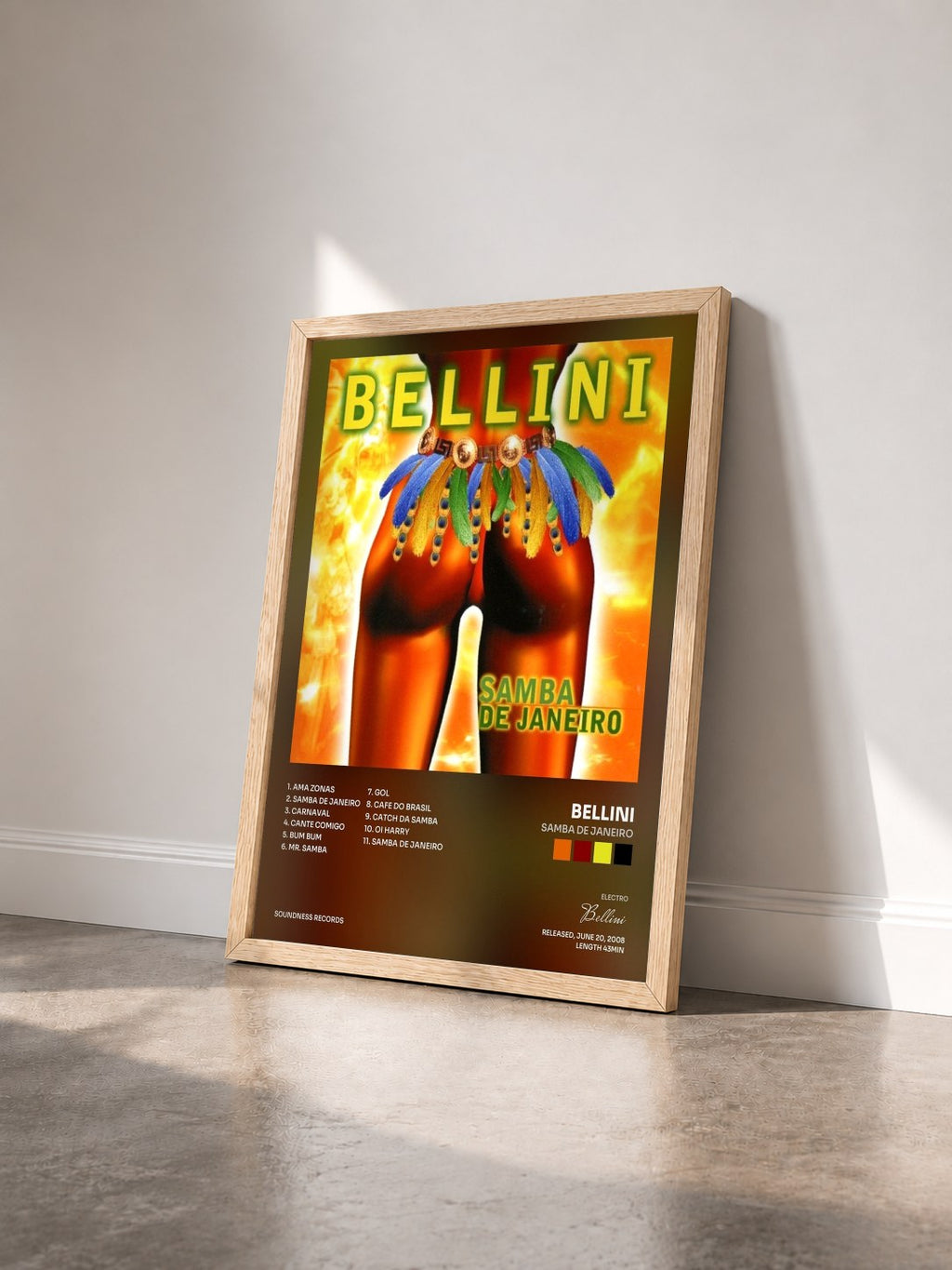 #bois Tableau de l'album Samba de Janeiro de Bellini vu de trois quarts, cadre en bois brut