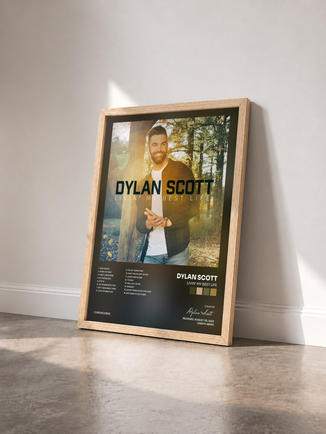 #bois Tableau de l'album Livin' My Best Life de Dylan Scott vu de trois quarts, cadre en bois brut