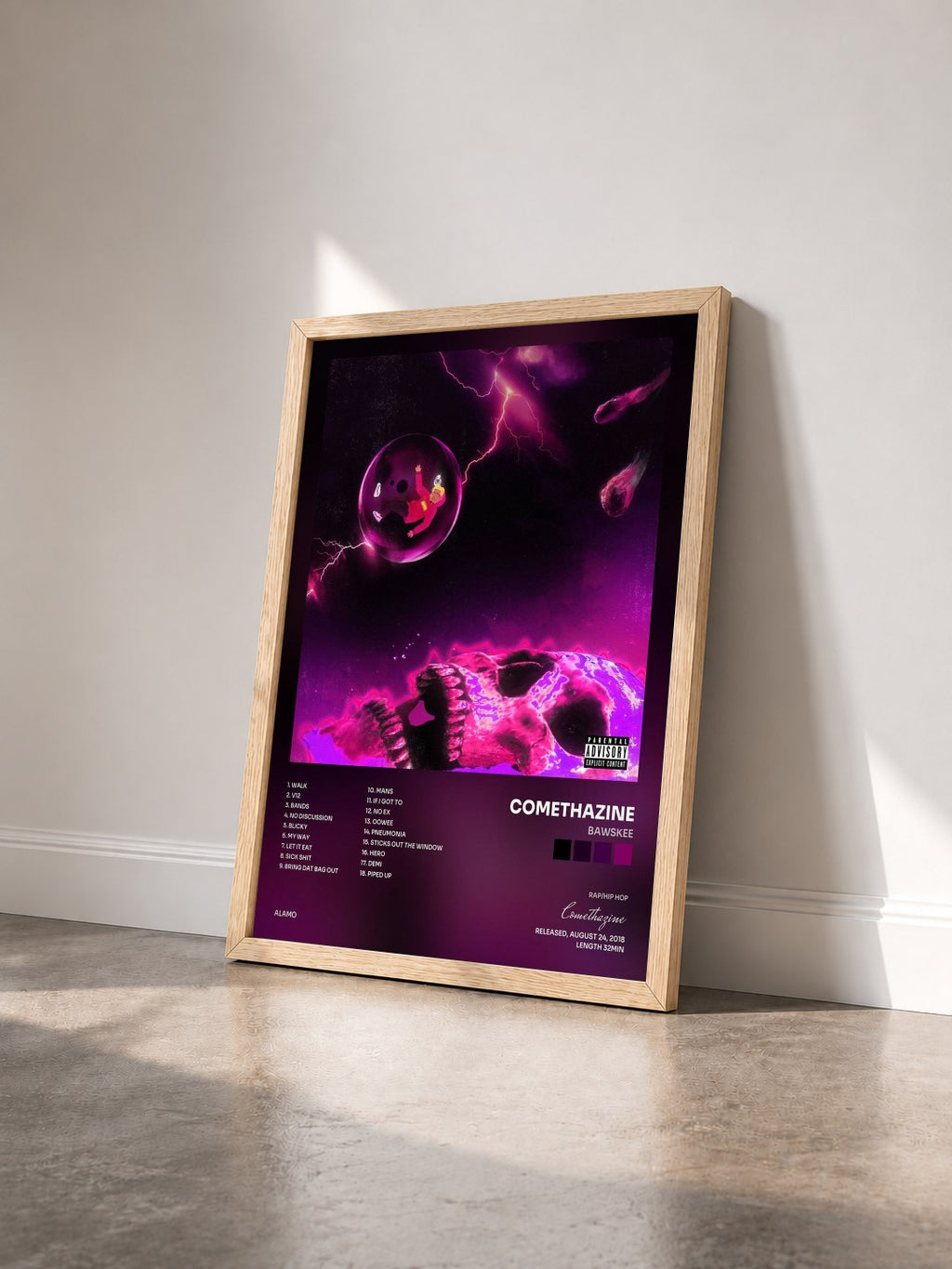 #bois Tableau de l'album Bawskee de Comethazine vu de trois quarts, cadre en bois brut