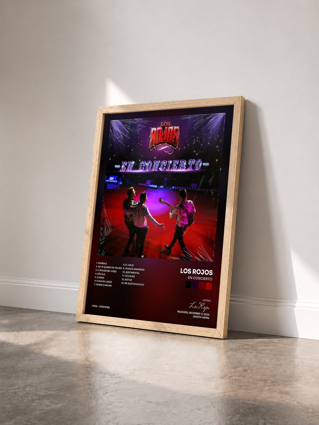#bois Tableau de l'album En Concierto de Los Rojos vu de trois quarts, cadre en bois brut