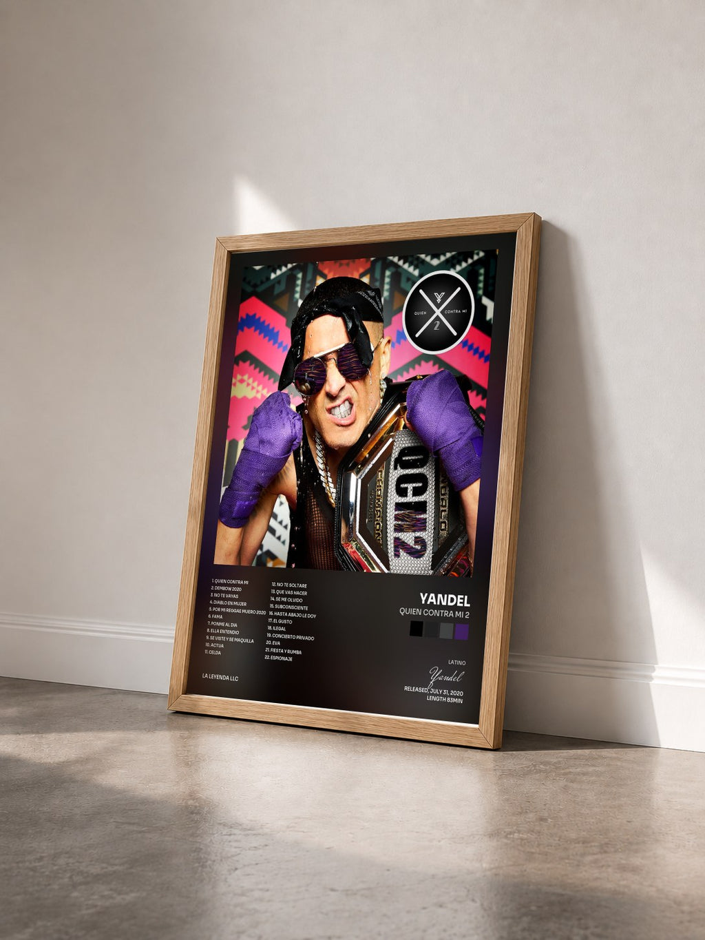 #bois Tableau de l'album Quien Contra Mi 2 de Yandel vu de trois quarts, cadre en bois brut