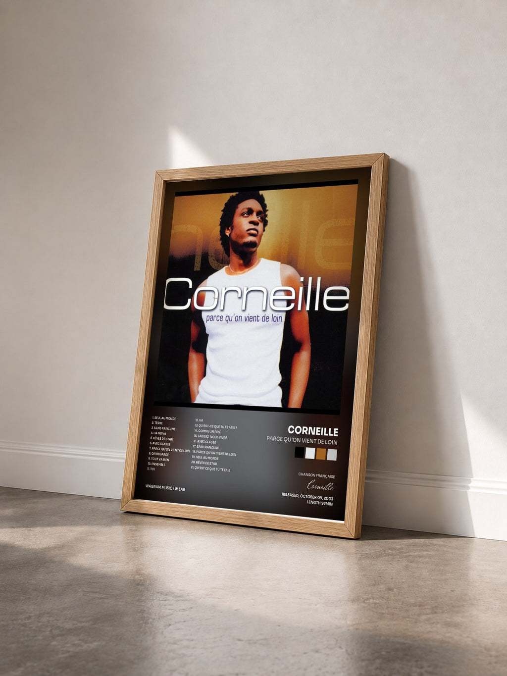 #bois Tableau de l'album Parce qu'on vient de loin de Corneille vu de trois quarts, cadre en bois brut