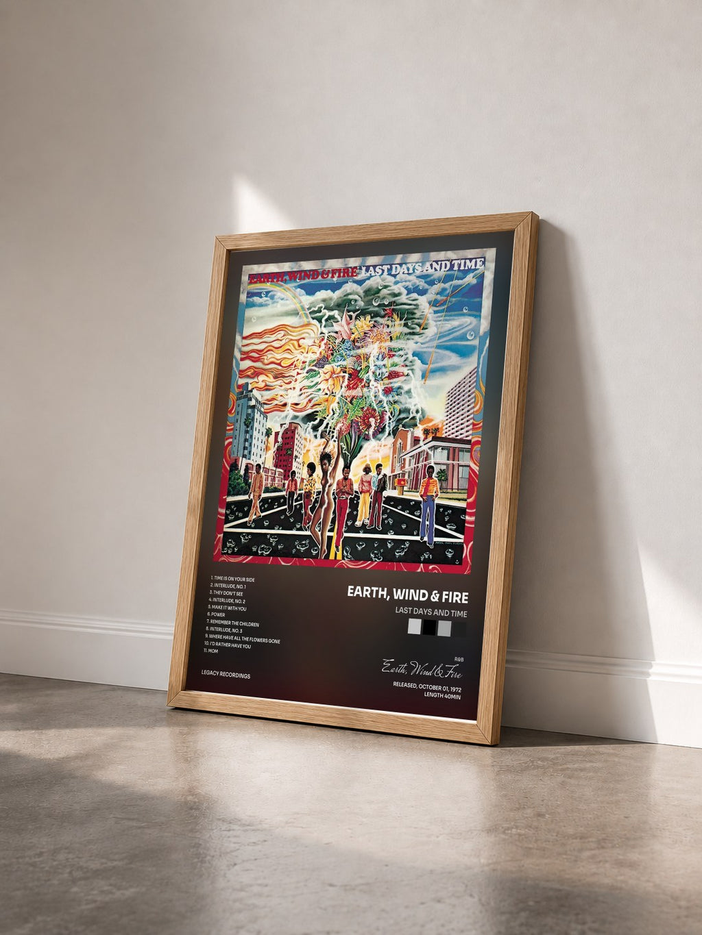 #bois Tableau de l'album Last Days and Time de Earth, Wind & Fire vu de trois quarts, cadre en bois brut