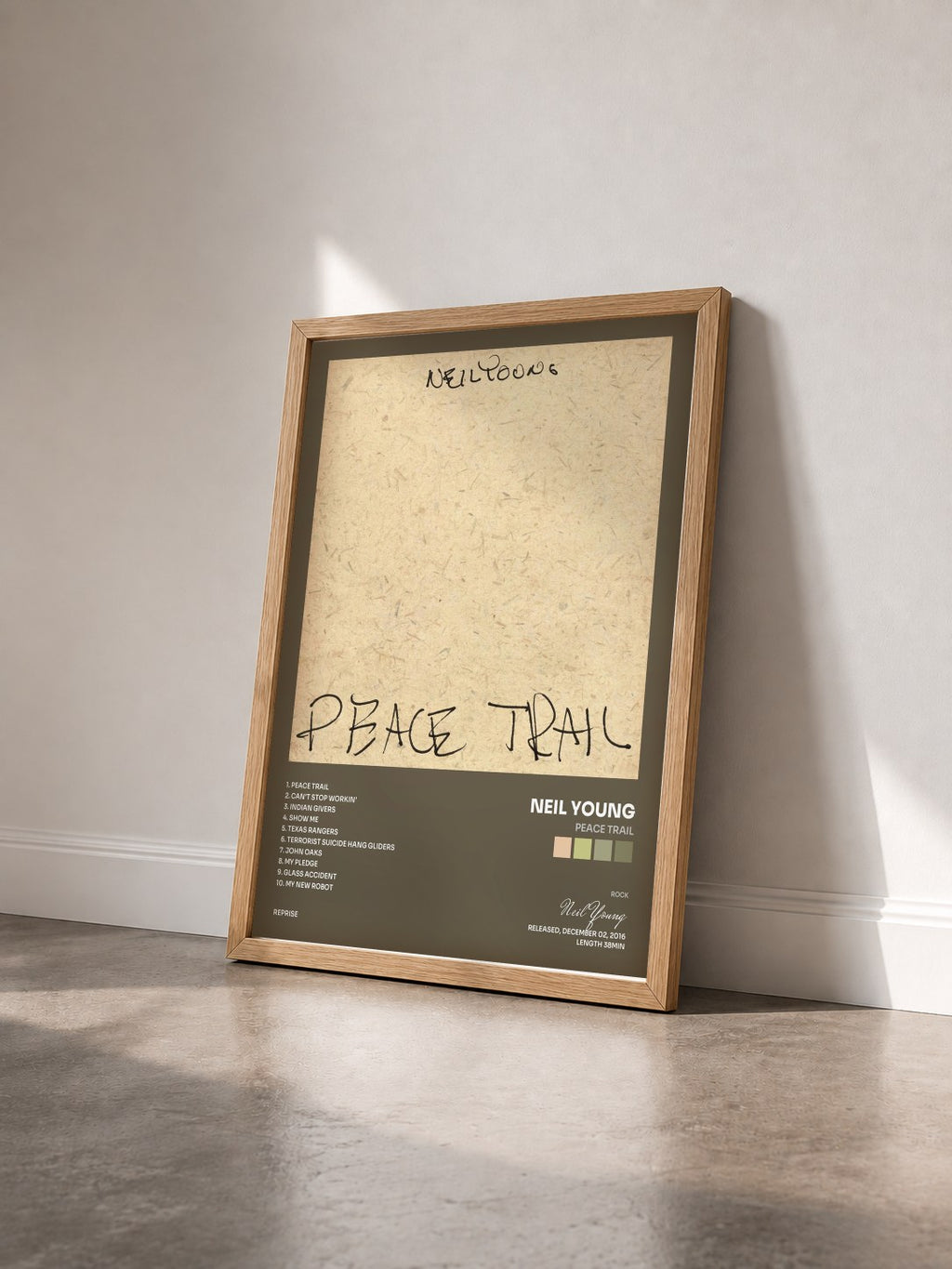 #bois Tableau de l'album Peace Trail de Neil Young vu de trois quarts, cadre en bois brut