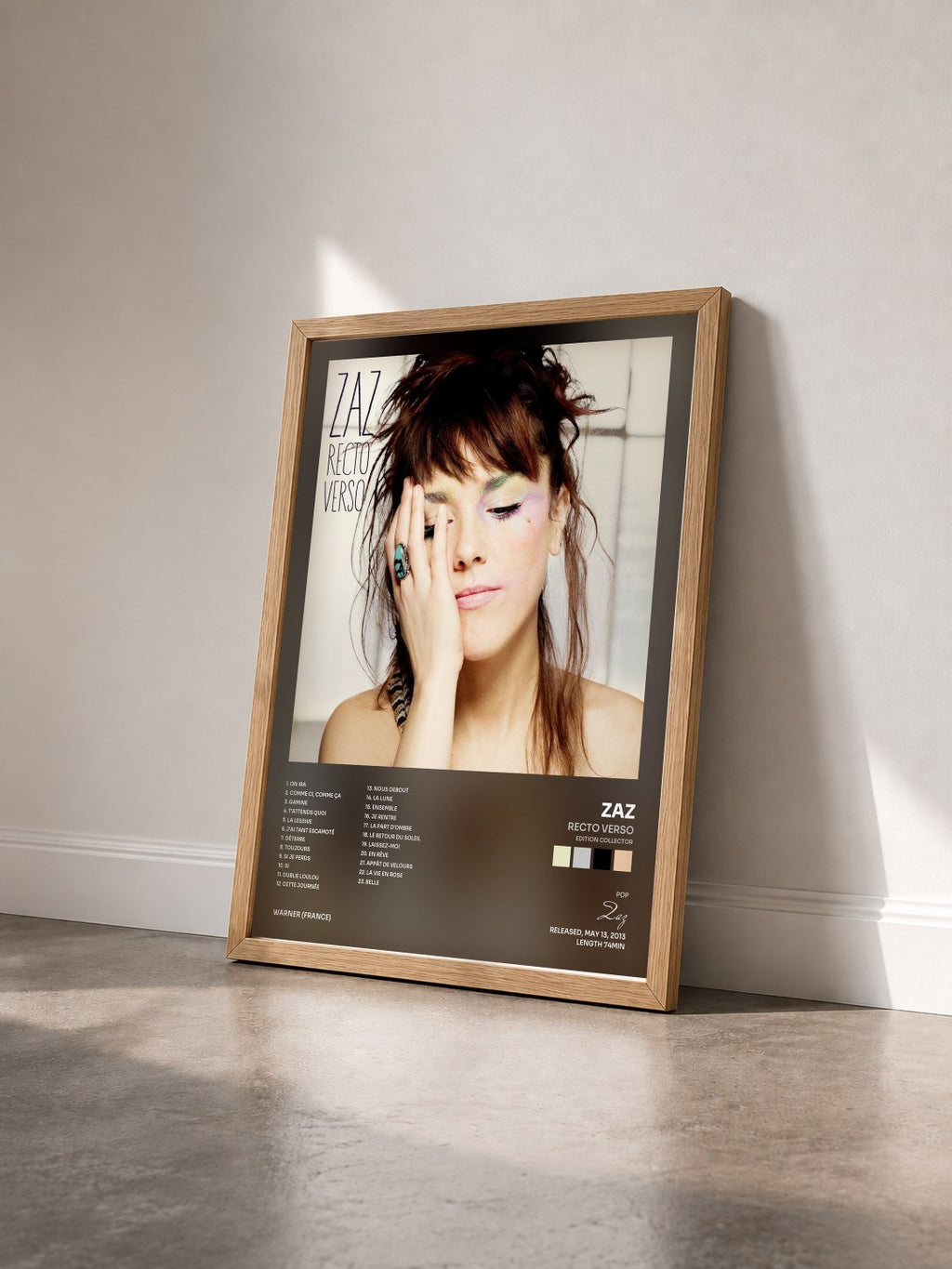#bois Tableau de l'album Recto verso (Edition Collector) de Zaz vu de trois quarts, cadre en bois brut
