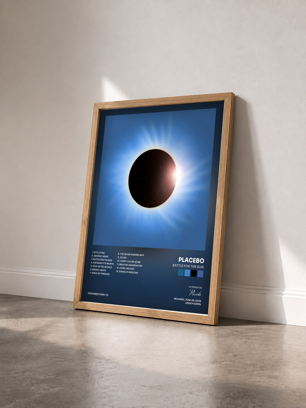#bois Tableau de l'album Battle for the Sun de Placebo vu de trois quarts, cadre en bois brut