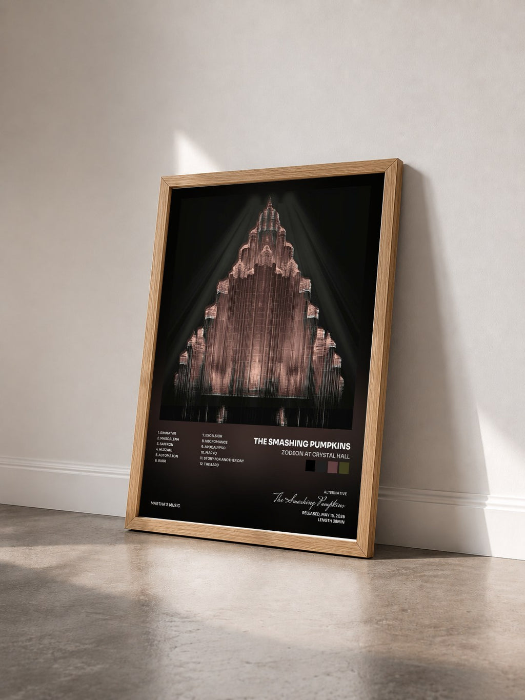 #bois Tableau de l'album Zodeon at Crystal Hall de The Smashing Pumpkins vu de trois quarts, cadre en bois brut