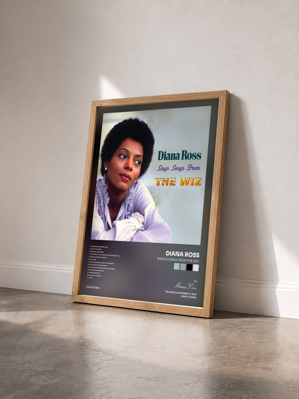 #bois Tableau de l'album Sings Songs From The Wiz de Diana Ross vu de trois quarts, cadre en bois brut