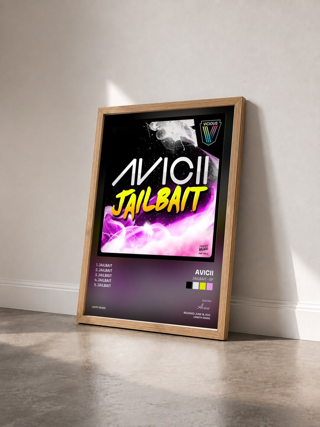 #bois Tableau de l'album Jailbait - EP de Avicii vu de trois quarts, cadre en bois brut