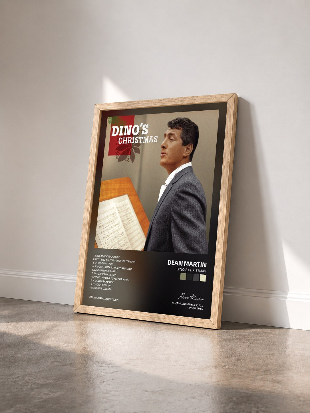 #bois Tableau de l'album Dino's Christmas de Dean Martin vu de trois quarts, cadre en bois brut
