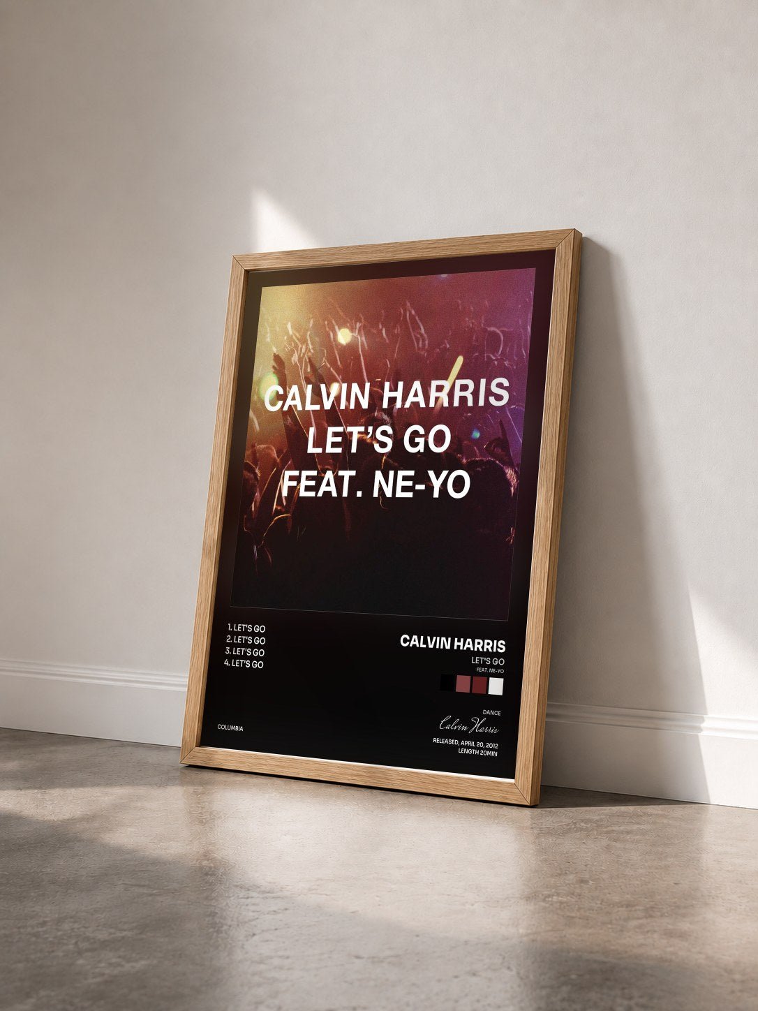 #bois Tableau de l'album Let's Go (feat. Ne-Yo) de Calvin Harris vu de trois quarts, cadre en bois brut