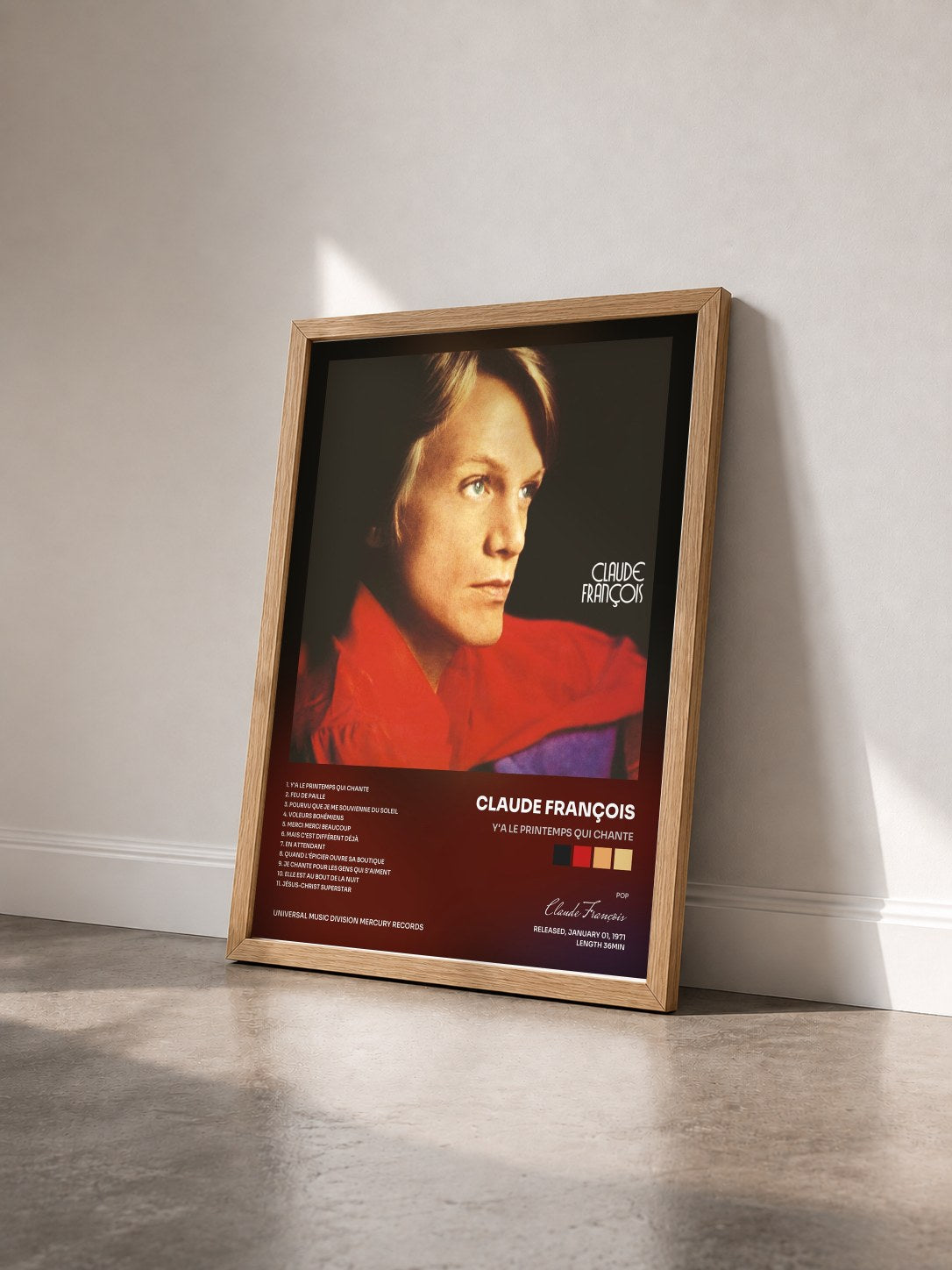 #bois Tableau de l'album Y'a le printemps qui chante de Claude François vu de trois quarts, cadre en bois brut