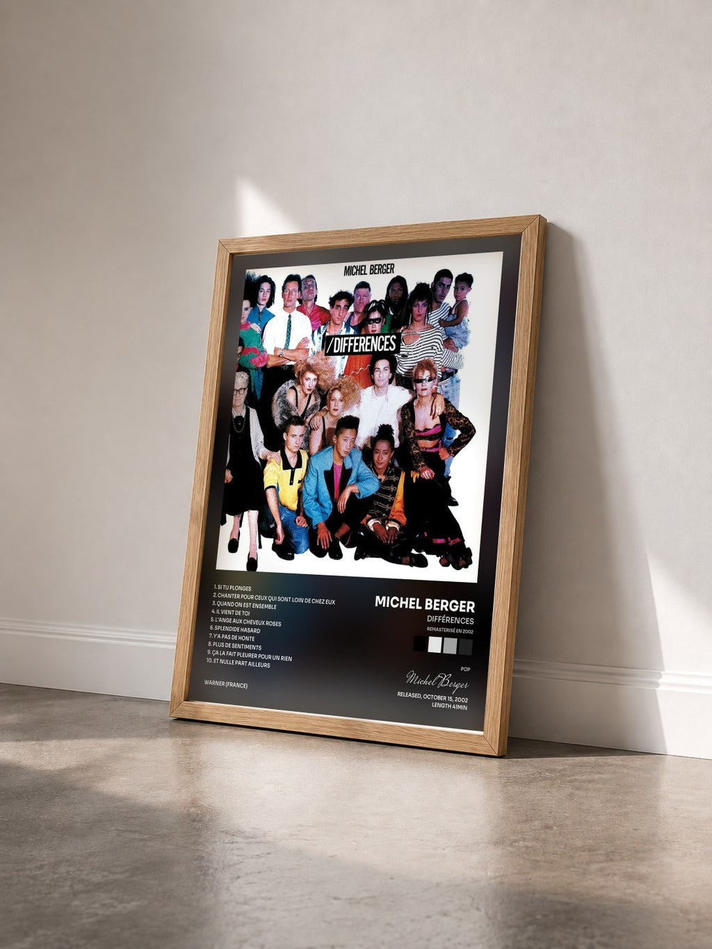 #bois Tableau de l'album Différences (Remasterisé en 2002) de Michel Berger vu de trois quarts, cadre en bois brut