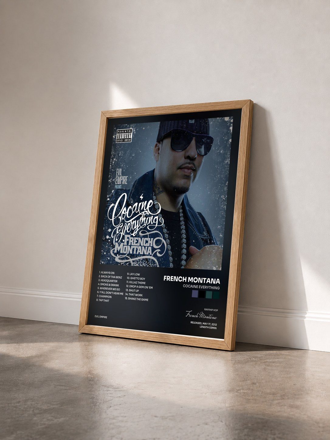 #bois Tableau de l'album Cocaine Everything de French Montana vu de trois quarts, cadre en bois brut