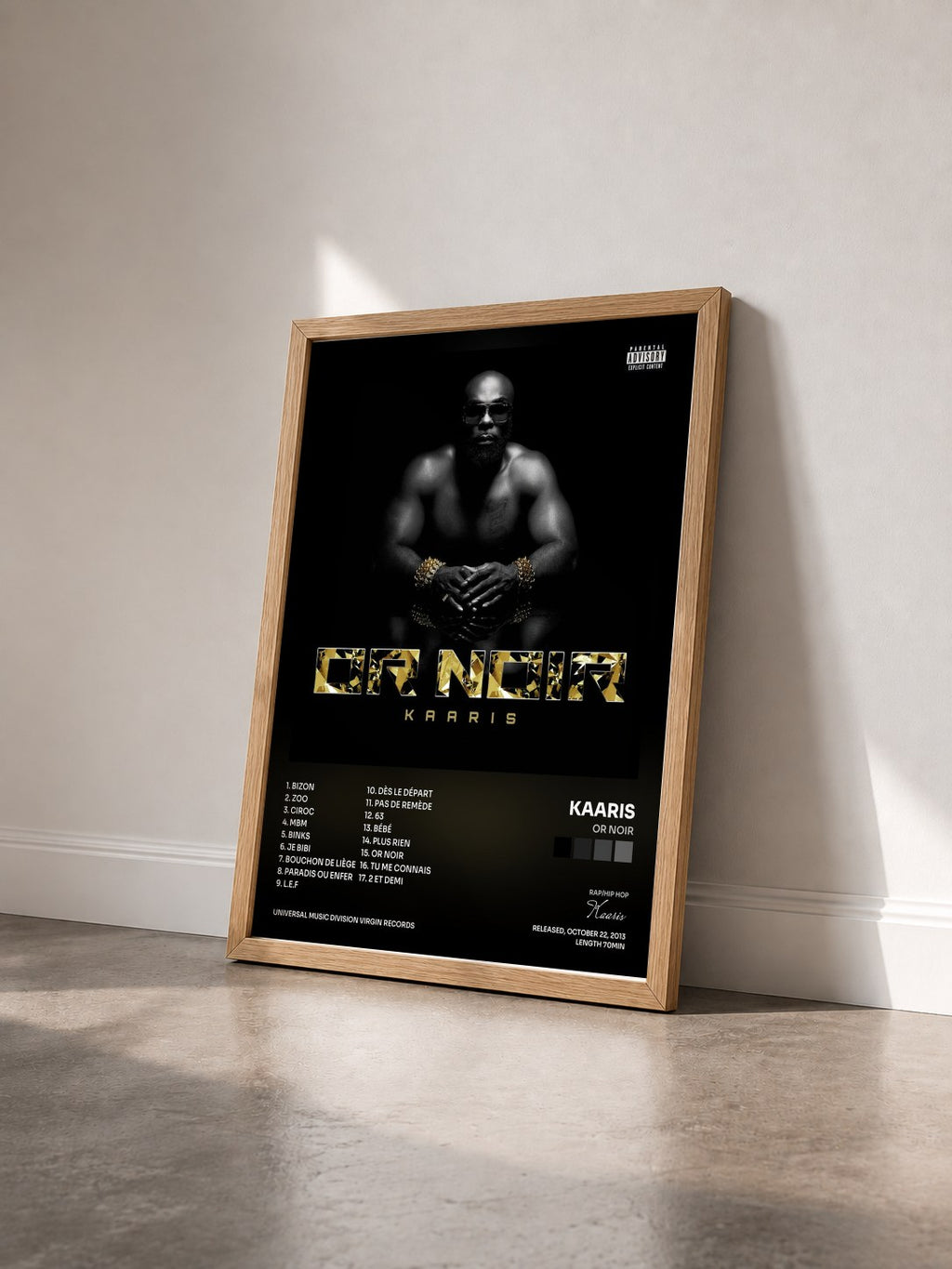 #bois Tableau de l'album Or Noir de Kaaris vu de trois quarts, cadre en bois brut