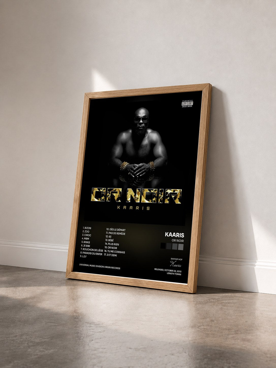 #bois Tableau de l'album Or Noir de Kaaris vu de trois quarts, cadre en bois brut