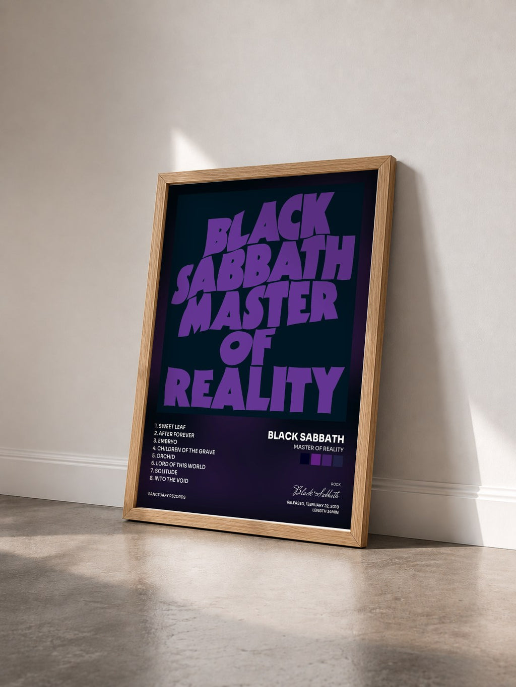 #bois Tableau de l'album Master of Reality de Black Sabbath vu de trois quarts, cadre en bois brut