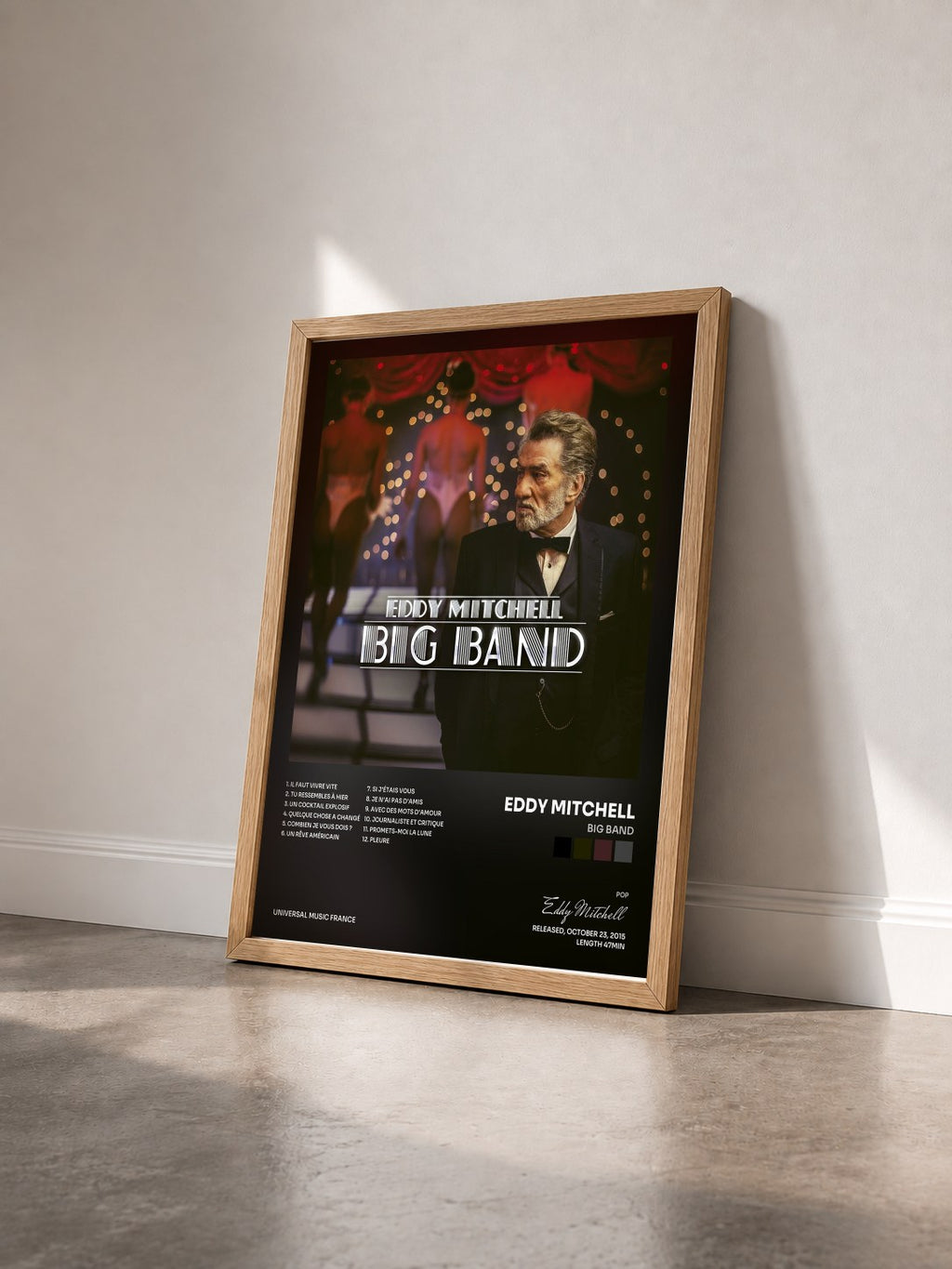 #bois Tableau de l'album Big Band de Eddy Mitchell vu de trois quarts, cadre en bois brut