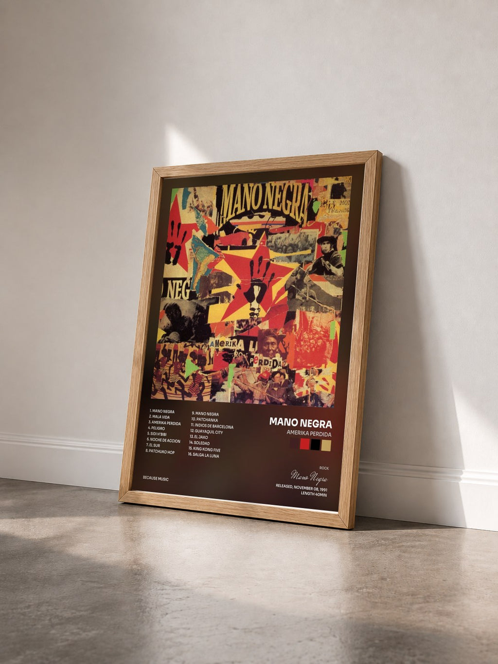#bois Tableau de l'album Amerika Perdida de Mano Negra vu de trois quarts, cadre en bois brut