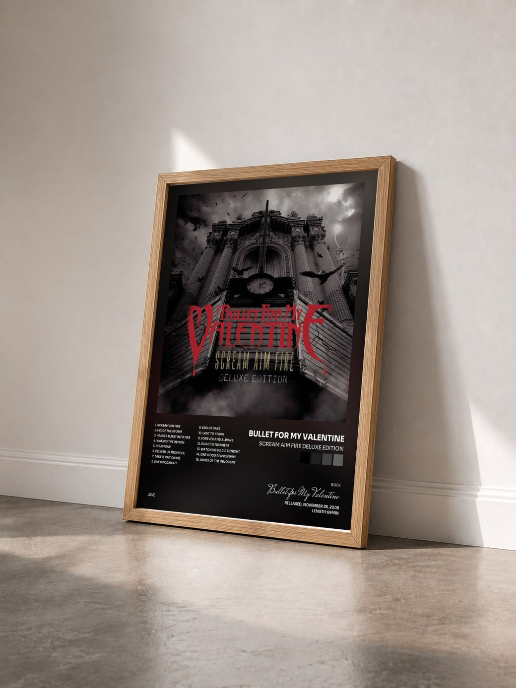 #bois Tableau de l'album Scream Aim Fire Deluxe Edition de Bullet for My Valentine vu de trois quarts, cadre en bois brut