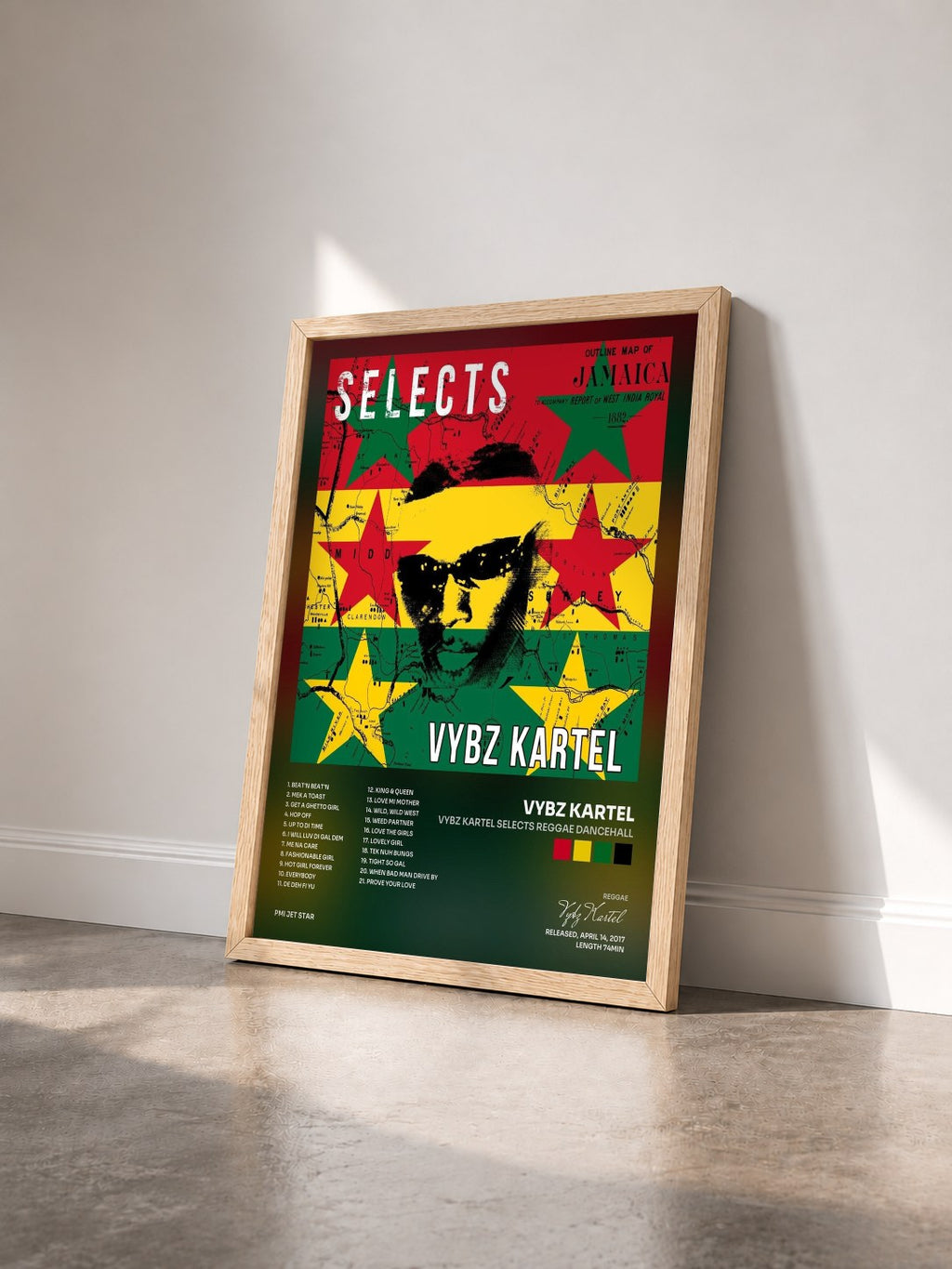 #bois Tableau de l'album Vybz Kartel Selects Reggae Dancehall de Vybz Kartel vu de trois quarts, cadre en bois brut