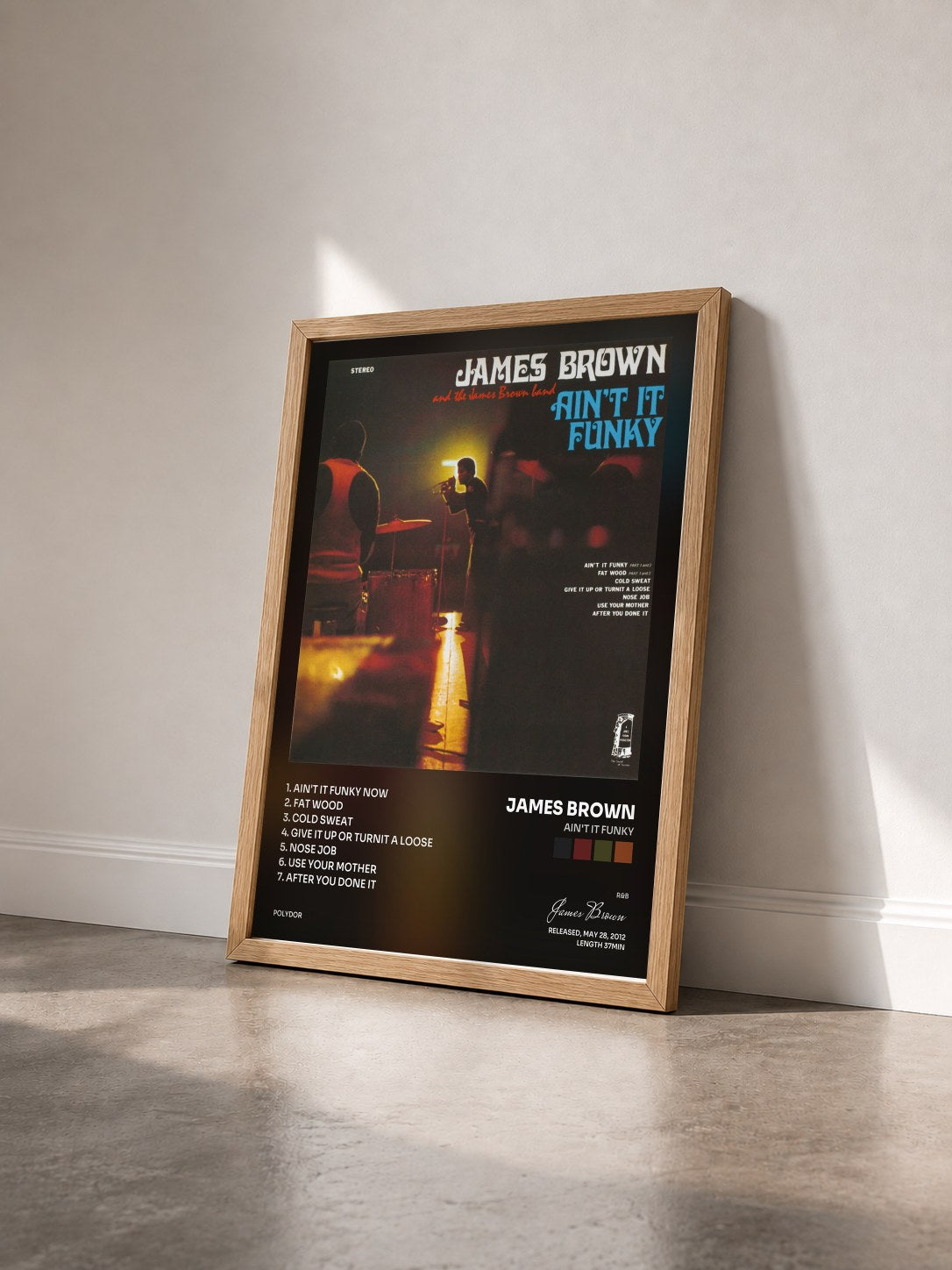 #bois Tableau de l'album Ain't It Funky de James Brown vu de trois quarts, cadre en bois brut