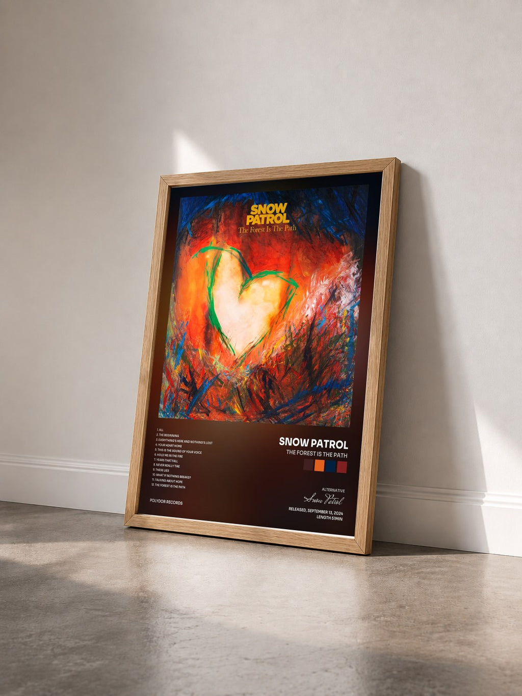 #bois Tableau de l'album The Forest Is The Path de Snow Patrol vu de trois quarts, cadre en bois brut