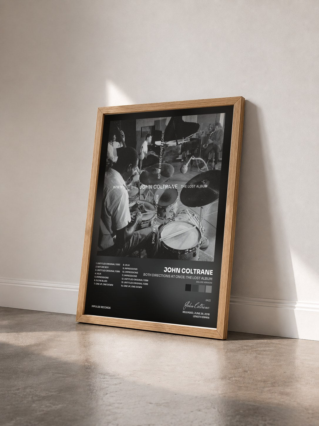 #bois Tableau de l'album Both Directions At Once: The Lost Album (Deluxe Version) de John Coltrane vu de trois quarts, cadre en bois brut