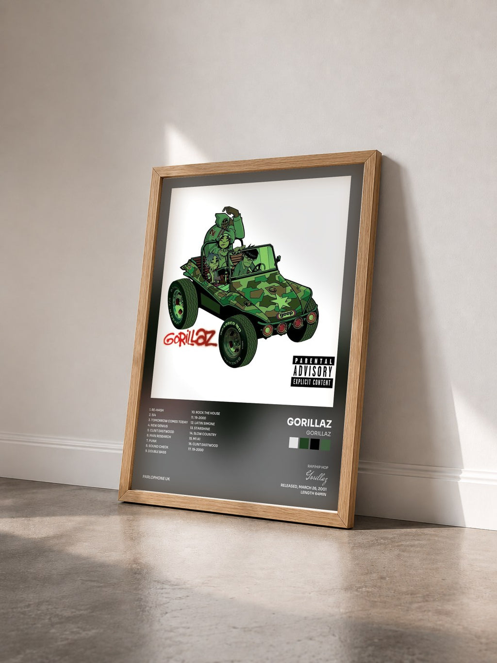 #bois Tableau de l'album Gorillaz de Gorillaz vu de trois quarts, cadre en bois brut