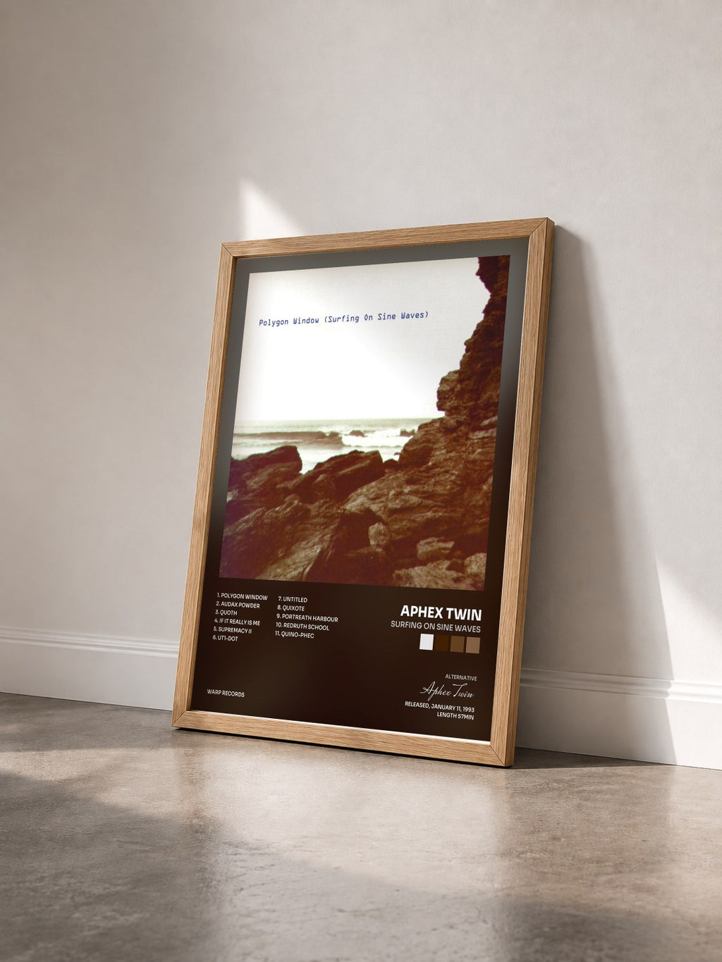 #bois Tableau de l'album Surfing On Sine Waves de Aphex Twin vu de trois quarts, cadre en bois brut