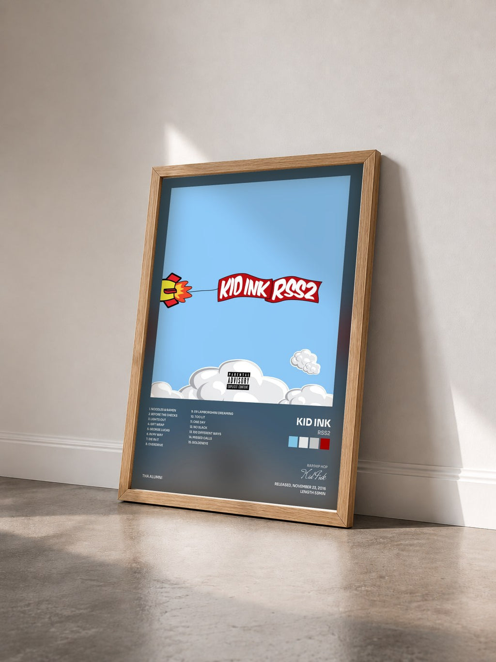 #bois Tableau de l'album RSS2 de Kid Ink vu de trois quarts, cadre en bois brut