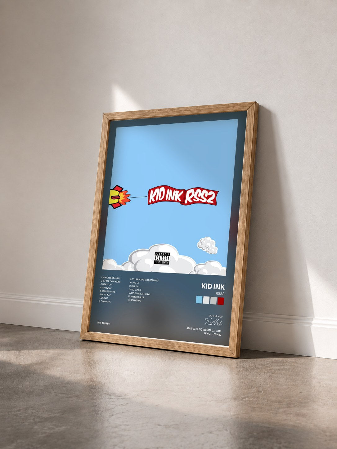 #bois Tableau de l'album RSS2 de Kid Ink vu de trois quarts, cadre en bois brut