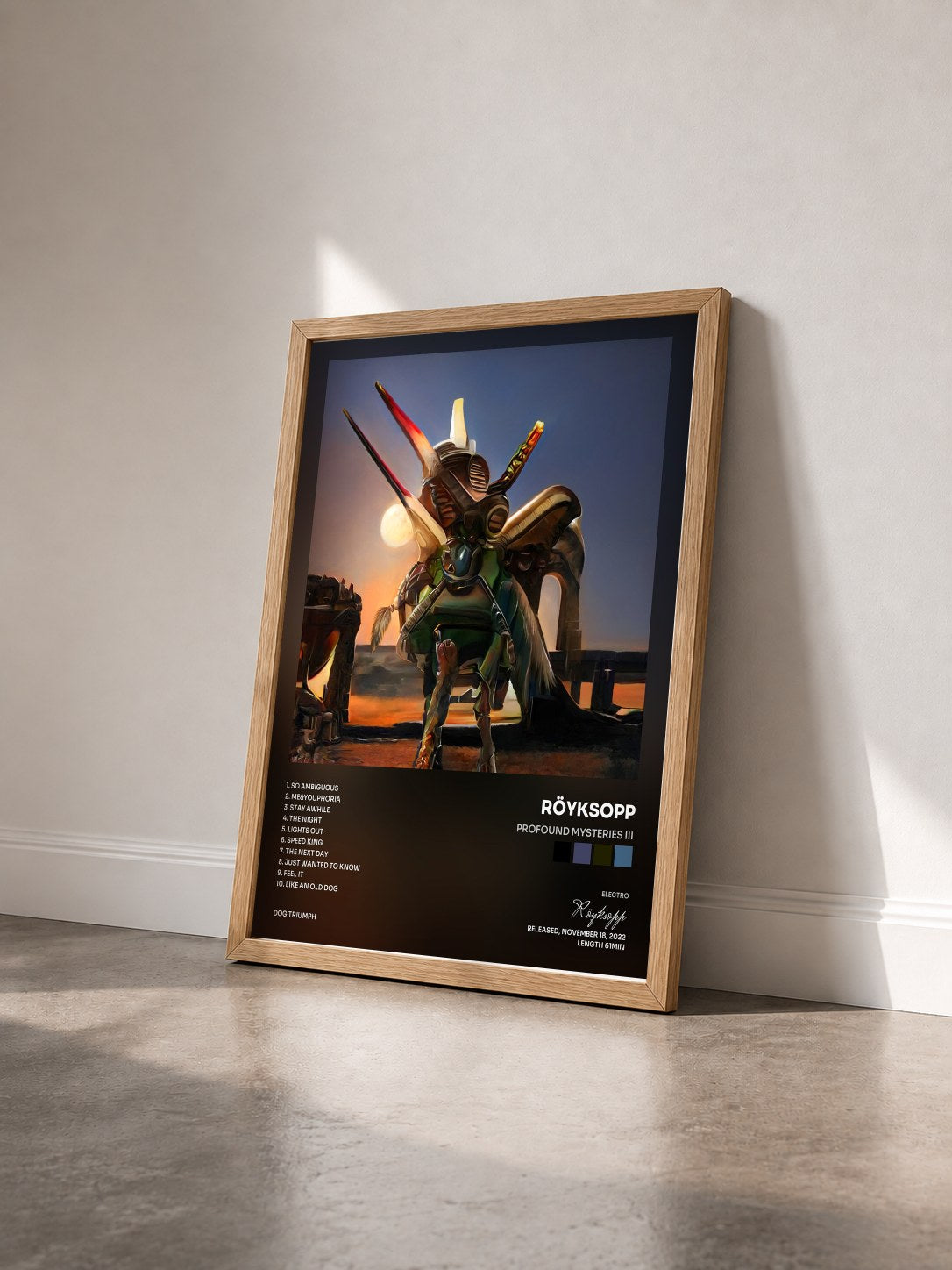 #bois Tableau de l'album Profound Mysteries III de Röyksopp vu de trois quarts, cadre en bois brut