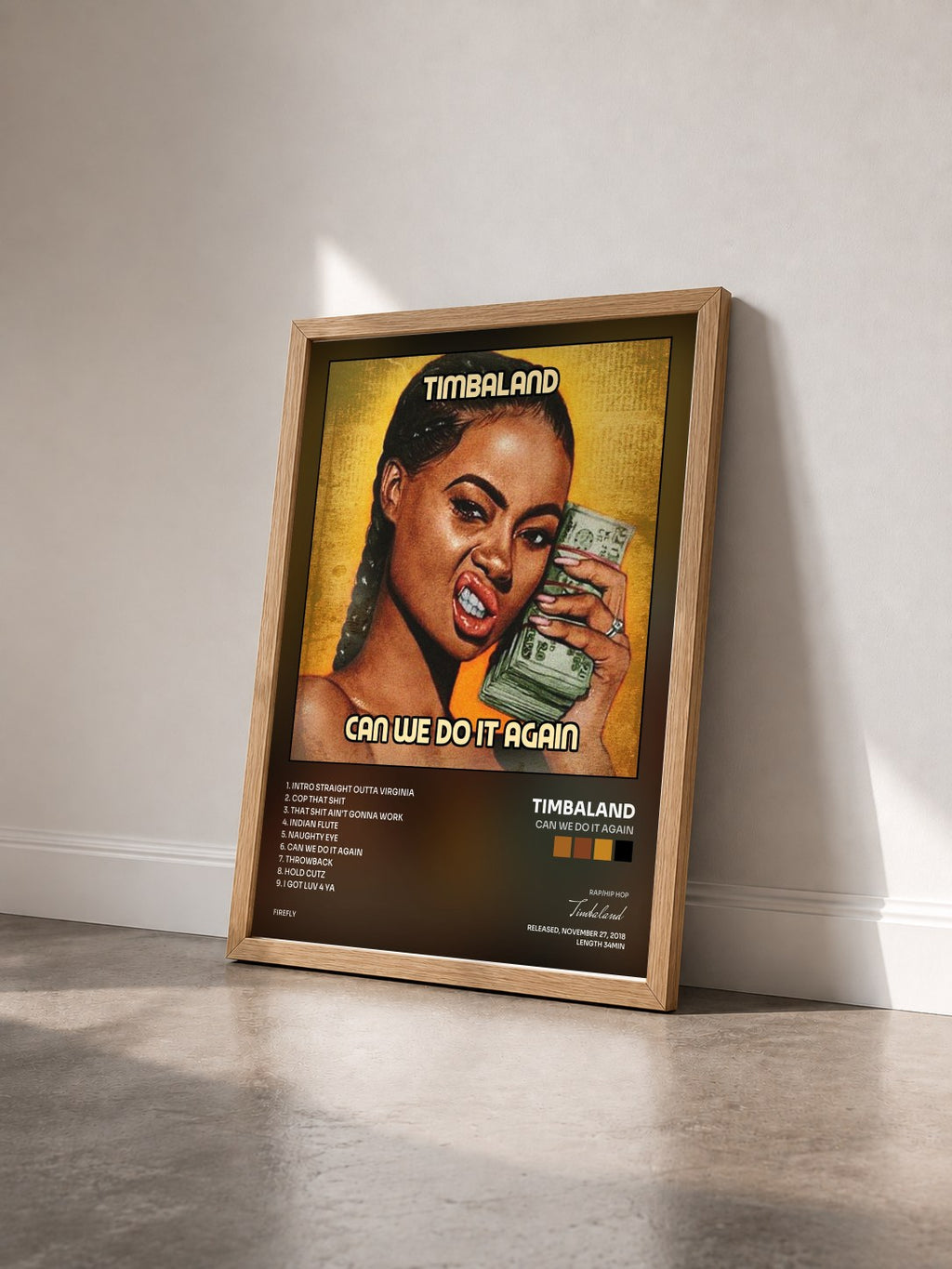 #bois Tableau de l'album Can We Do It Again de Timbaland vu de trois quarts, cadre en bois brut