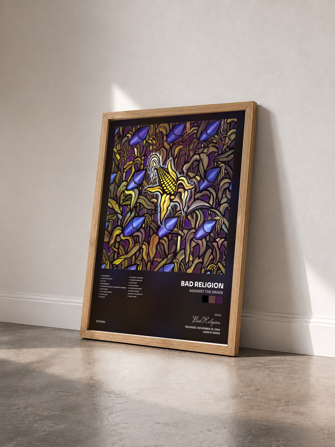 #bois Tableau de l'album Against The Grain de Bad Religion vu de trois quarts, cadre en bois brut