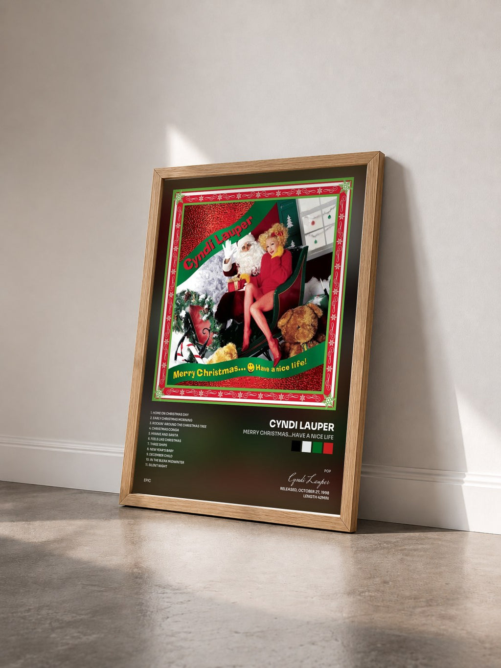 #bois Tableau de l'album Merry Christmas...Have A Nice Life de Cyndi Lauper vu de trois quarts, cadre en bois brut