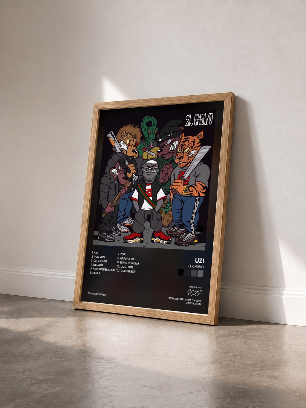 #bois Tableau de l'album EL CHAVO de UZI vu de trois quarts, cadre en bois brut