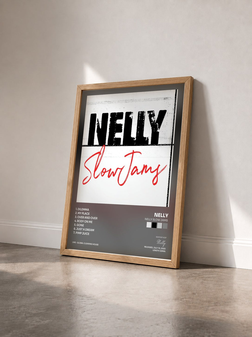 #bois Tableau de l'album Nelly Slow Jams de Nelly vu de trois quarts, cadre en bois brut