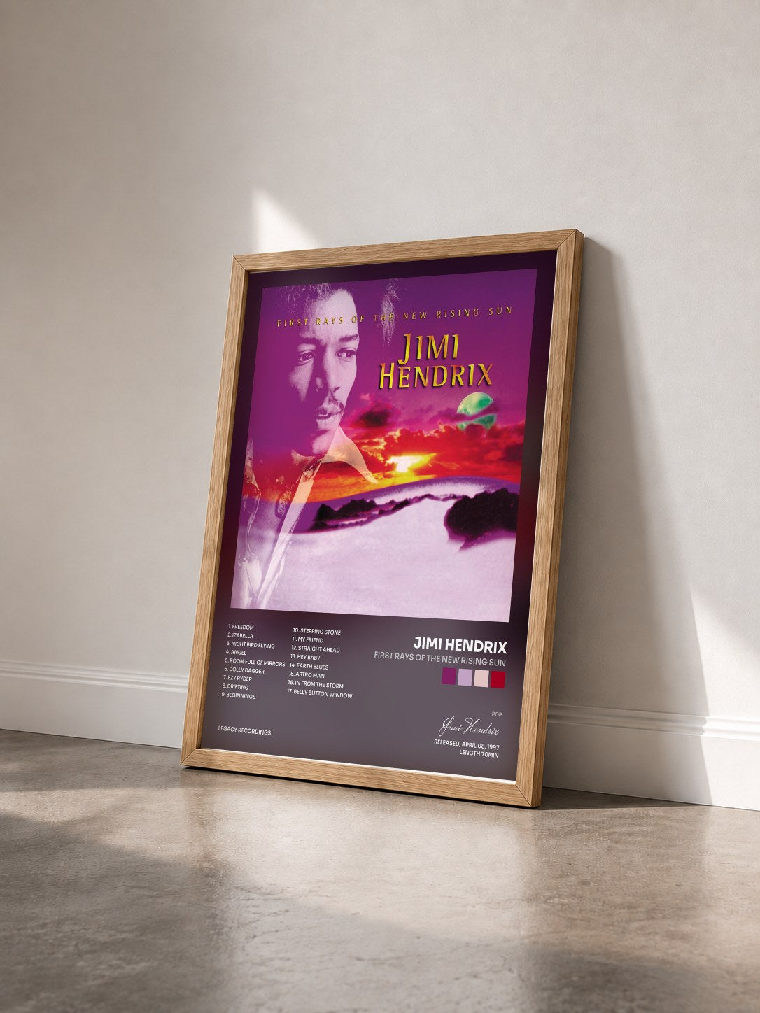 #bois Tableau de l'album First Rays Of The New Rising Sun de Jimi Hendrix vu de trois quarts, cadre en bois brut
