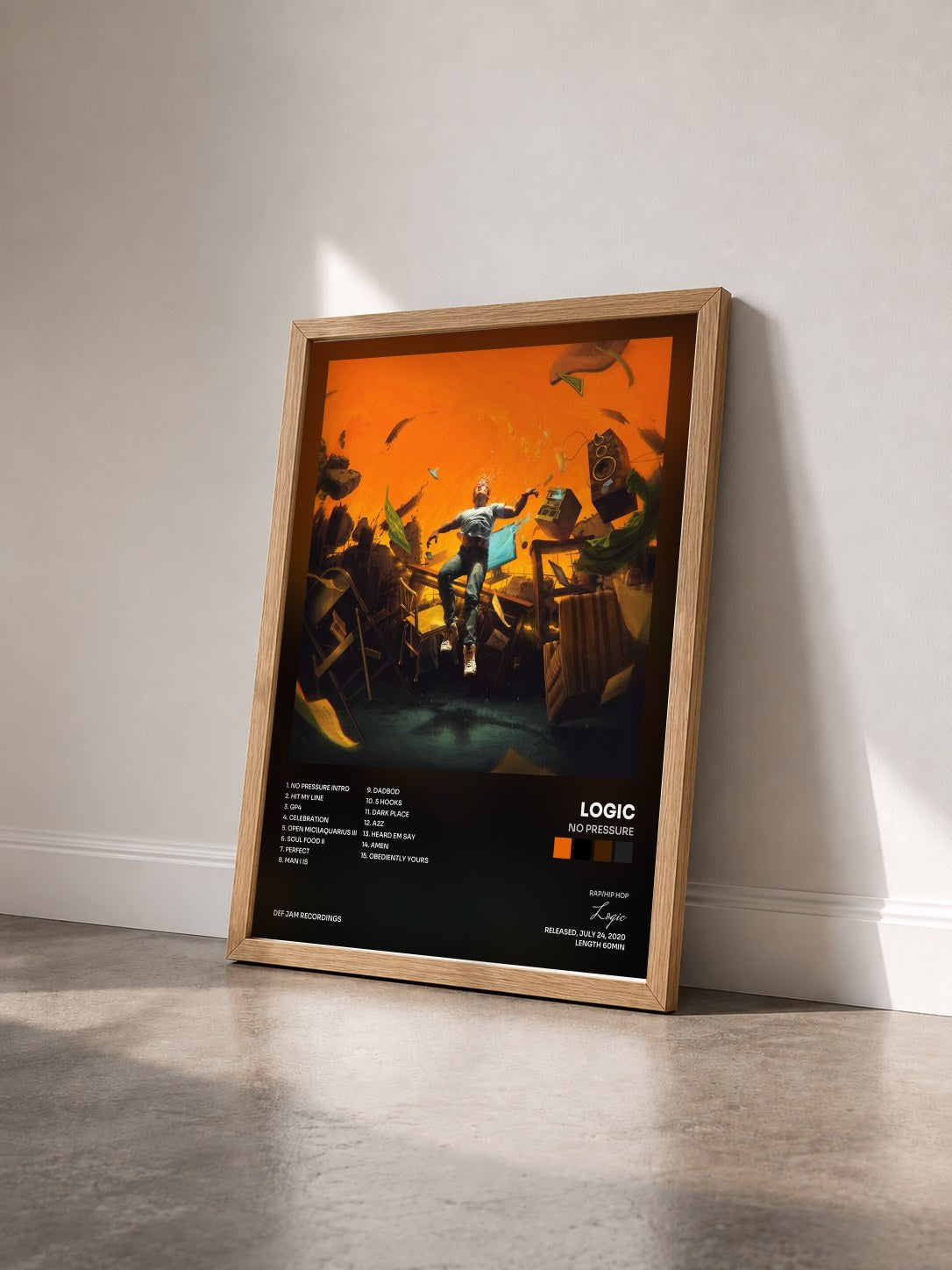 #bois Tableau de l'album No Pressure de Logic vu de trois quarts, cadre en bois brut