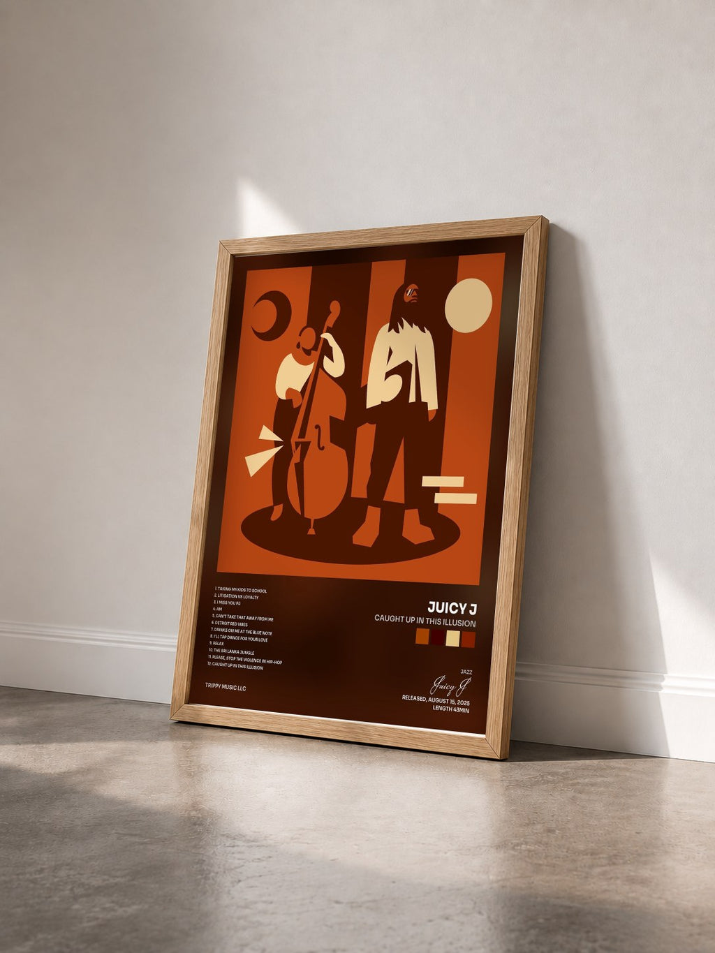 #bois Tableau de l'album Caught Up In This Illusion de Juicy J vu de trois quarts, cadre en bois brut